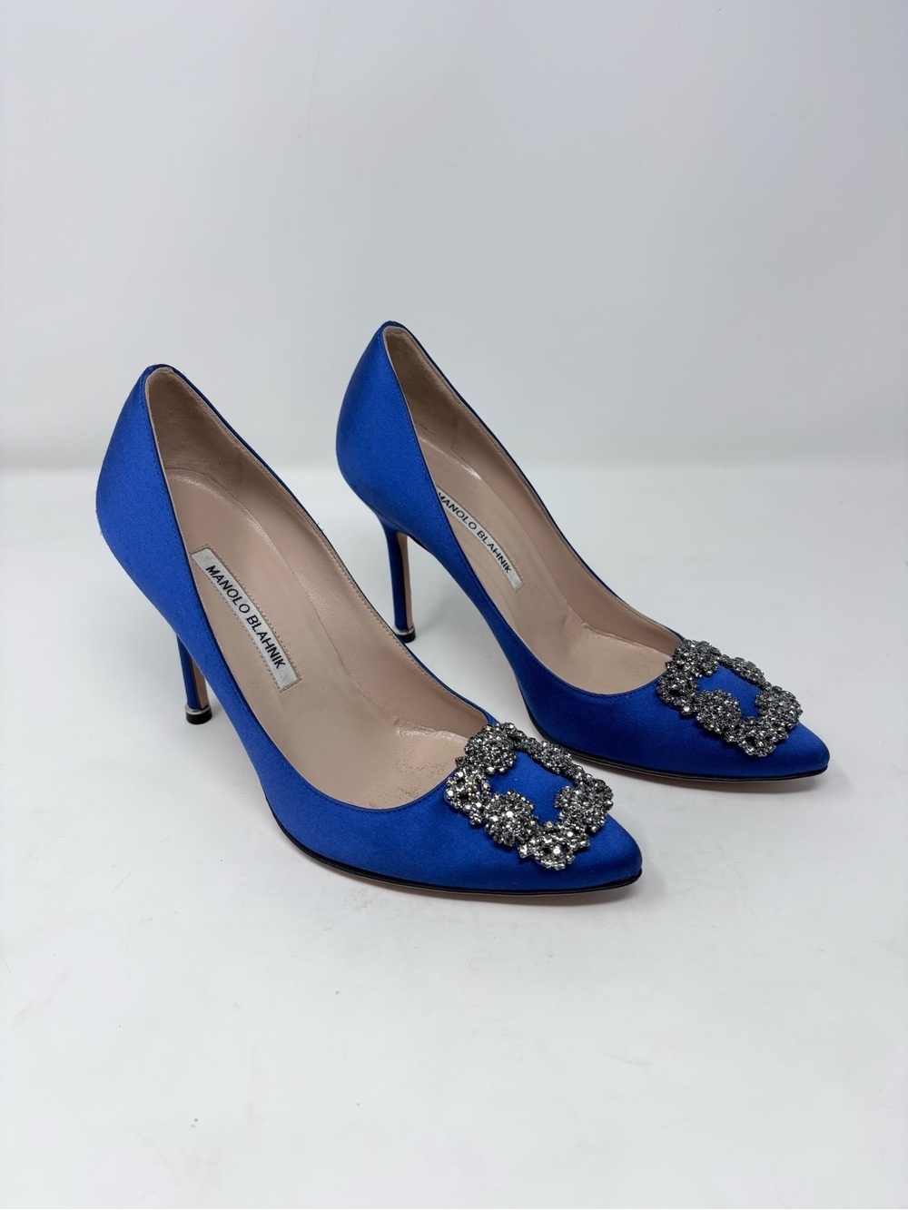 Manolo Blahnik Hangisi Blue Satin Crystal-Toe Pump 105mm size 37.5 Pointed Toe